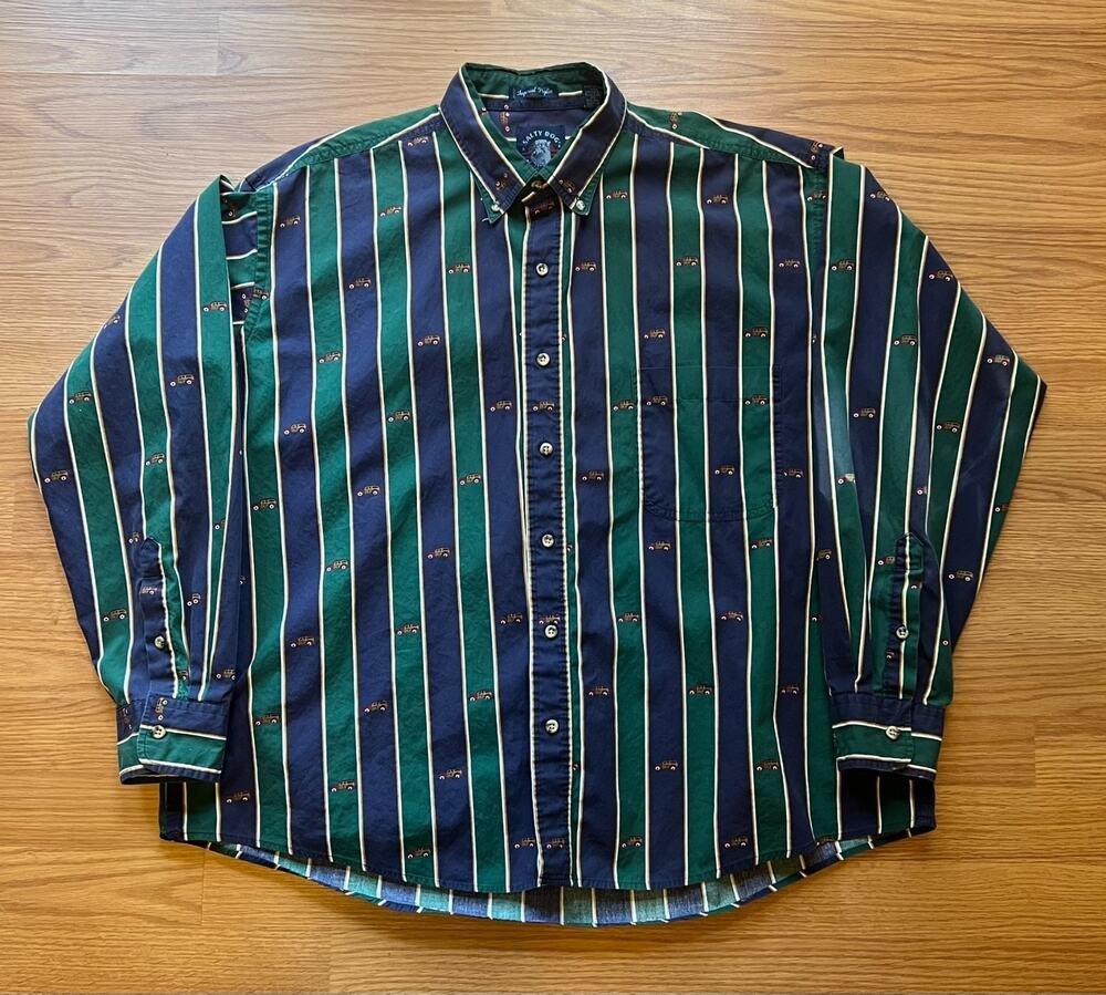 Vintage 90s Salty Dog Imperial Poplin Shirt XL Striped Woody Car Print Cotton